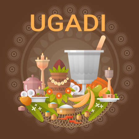 Happy Ugadi and Gudi Padwa Hindu New Year Greeting Card Holiday Flat Vector Illustrationのイラスト素材