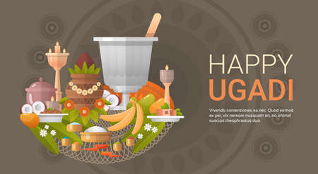 Happy Ugadi and Gudi Padwa Hindu New Year Greeting Card Holiday Flat Vector Illustrationのイラスト素材
