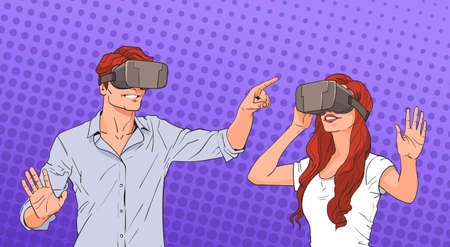 Woman And Man Wear Virtual Reality Digital Glasses Pop Art Colorful Retro Style Vector Illustrationのイラスト素材