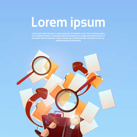 Paper Document Search Magnifying Glass Paperwork Business Concept Flat Vector Illustrationのイラスト素材