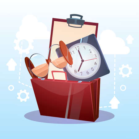 Open Briefcase Watch Time Business Deadline Concept Flat Vector Illustrationのイラスト素材