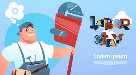 Happy Smiling Workman International Labor Day Celebration May Holiday Greeting Card Flat Vector Illustrationのイラスト素材