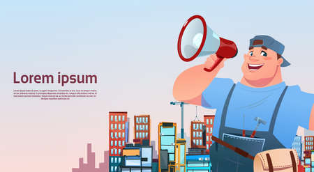 Workman Hold Megaphone Over City Building Background, Cartoon Repairman International Labor Day Concept Flat Vector Illustrationのイラスト素材