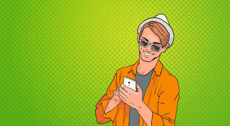 Young Man Using Cell Smart Phone Networking Online Over Pop Art Colorful Retro Style Background Vector Illustrationのイラスト素材