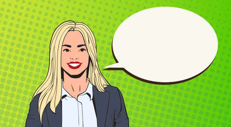 Young Business Woman With Chat Bubble Pop Art Colorful Retro Style Vector Illustrationのイラスト素材