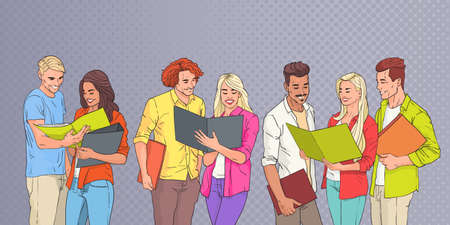 Young People Group Students Reading Over Pop Art Colorful Retro Background Vector Illustrationのイラスト素材