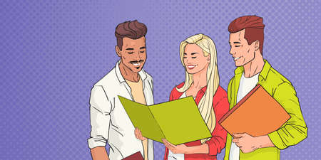 Young People Group Students Reading Over Pop Art Colorful Retro Background Vector Illustrationのイラスト素材