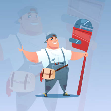 Happy Smiling Workman Holding Big Wrench International Labor Day Concept Flat Vector Illustrationのイラスト素材