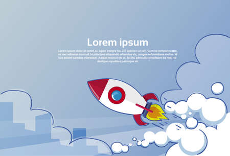 Flying Rocket Business Startup Concept Banner With Copy Space Flat Vector Illustrationのイラスト素材