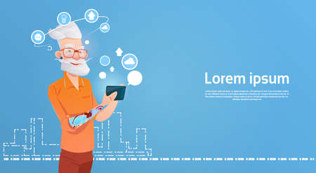 Senior Man Hipster Using Cell Smart Phone Chatting Online Flat Vector Illustrationのイラスト素材