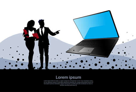 Silhouette Business Man And Woman Point Hand To Laptop Computer Flat Vector Illustrationのイラスト素材