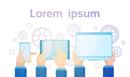 Hold Cell Smart Phone, Laptop And Tablet Computer Modern Gadget Flat Vector Illustrationのイラスト素材