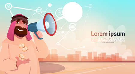 Rich Arab Businessman With Megaphone Loudspeaker Chat Bubble Message Flat Vector Illustrationのイラスト素材