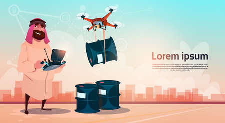 Rich Arab Business Man Oil Trade Drone Delivery Black Wealth Concept Flat Vector Illustrationのイラスト素材