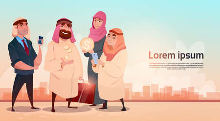 Rich Arab Businessman With Wife Oil Extraction Business Success Flat Vector Illustration