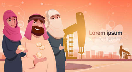 Rich Arab Business Man Oil Trade Pumpjack Rig Platform Black Wealth Concept Flat Vector Illustrationのイラスト素材