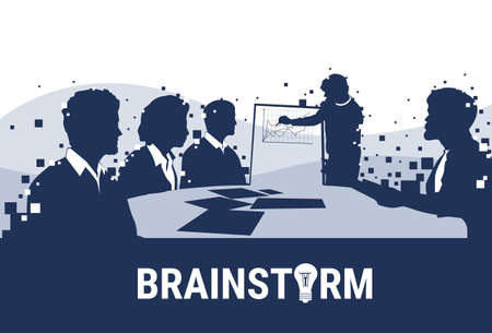 Silhouette Business People Team With Flip Chart Seminar Training Conference Brainstorming Presentation Financial Graph Flat Vector Illustrationのイラスト素材