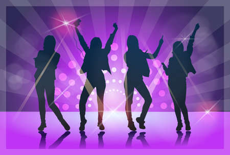 Silhouette Woman Group Dancing Night Club Light Flat Vector Illustrationのイラスト素材