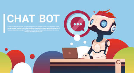 Chat Bot Using Laptop Computer, Robot Virtual Assistance Of Website Or Mobile Applications, Artificial Intelligence Concept Flat Vector Illustrationのイラスト素材