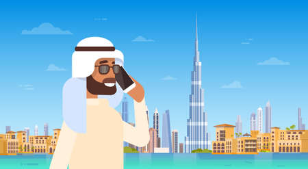 Arab Man Speaking On Cell Smart Phone Call Over Dubai Skyline Panorama, Modern Building Cityscape Flat Vector Illustrationのイラスト素材
