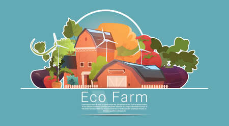 Eco Farming, Farm House, Farmland With Wind Turbine Renewable Energy Station Flat Vector Illustrationのイラスト素材