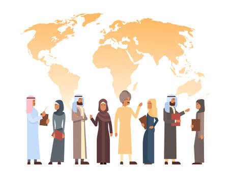 Arab Man Over World Map, Islam Businessman Wearing Traditional Clothes Flat Vector Illustrationのイラスト素材