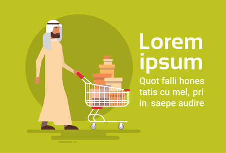Arab Man With Shopping Cart Sale Arabic Businessman Buyer Flat Vector Illustrationのイラスト素材
