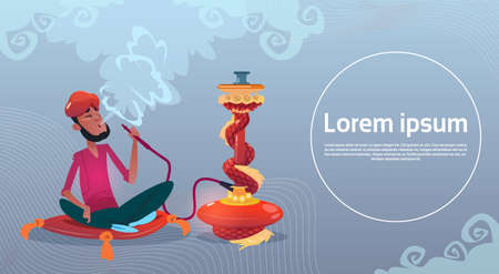 Arab Man Smoking Hookah Pipe Sitting On Floor Flat Vector Illustrationのイラスト素材