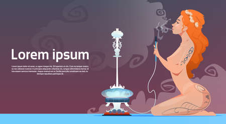 Attractive Girl Smoking Hookah Pipe Flat Vector Illustrationのイラスト素材