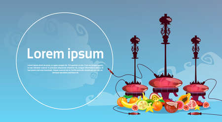 Hookah Set With Fruits Arabian Smoking Pipe Flat Vector Illustration