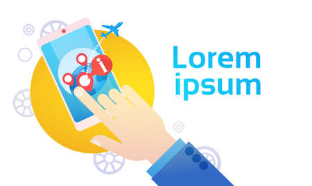 Hand Hold Mobile Cell Phone World Map Gps Globe Navigation Travel Flat Vector Illustrationのイラスト素材