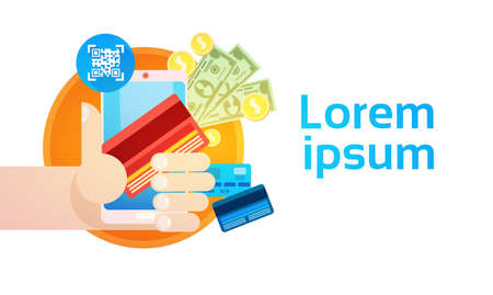 Hand Hold Cell Smart Phone Application Online Banking Payment Banner Flat Vector Illustrationのイラスト素材