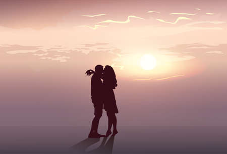 Silhouette Romantic Couple Embrace At Sunset Lovers Man And Woman Kiss Flat Vector Illustrationのイラスト素材