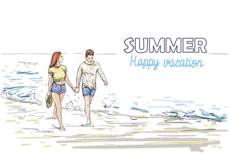 Couple Hold Hands Walking Beach Man And Woman Holiday Sketch On SeaVacation Vector Illustrationのイラスト素材