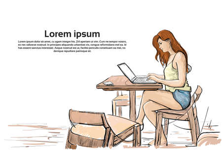 Girl Typing On Laptop Computer, Sketch Young Woman Chatting Online Sitting On Chair Living Room Interior Vector Illustrationのイラスト素材