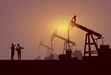 Business People Group Pumpjack Oil Rig Crane Platform Banner Flat Vector Illustration.のイラスト素材