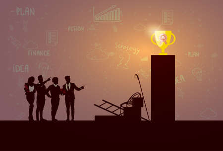 Silhouette Business People Team Success Winner Golden Cup Wealth Flat Vector Illustration.のイラスト素材