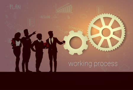 Silhouette Business People Team Meeting Working Process Seminar Training Conference Brainstorming Flat Vector Illustration.のイラスト素材