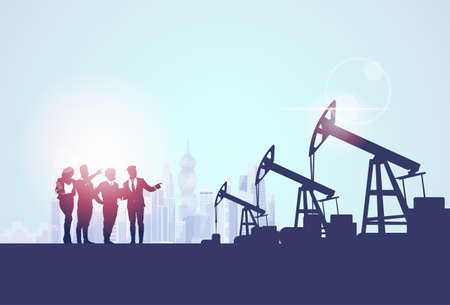 Businesspeople Group Oil Industry Business Company Pump Petrol Banner Flat Vector Illustration.のイラスト素材