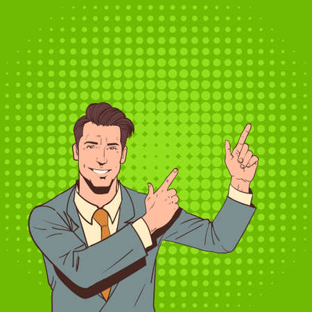 Business Man Point Finger To Copy Space Pop Art Colorful Retro Style Vector Illustration.のイラスト素材