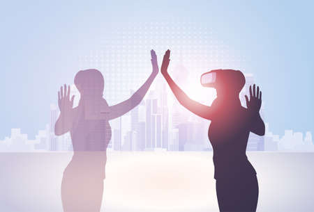 Silhouette Business Woman Wear Virtual Reality Digital Glasses Flat Vector Illustration.のイラスト素材