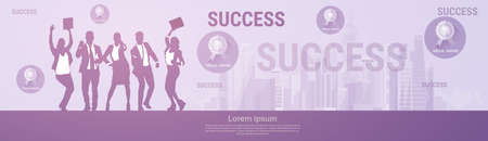 Business People Group Silhouette Excited Hold Hands Up Raised Arms, Businesspeople Concept Winner Success Vector Illustration.のイラスト素材