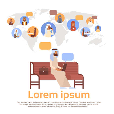 Man Using Laptop Computer Muslim People Chat Media Communication Social Network Arabic Men and Women Over World Map Flat Vector Illustrationのイラスト素材