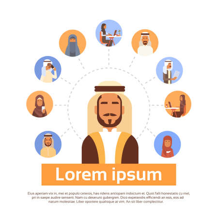 Arab Man Having Connection With Muslim People Chat Media Communication Social Network Flat Vector Illustrationのイラスト素材