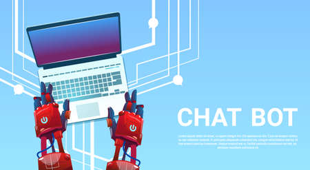 Chat Bot Hands Using Laptop Computer, Robot Virtual Assistance Of Website Or Mobile Applications,...
