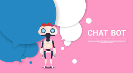 Chat Bot Robot Virtual Assistance Of Website Or Mobile Applications, Artificial Intelligence Concept Flat Vector Illustrationのイラスト素材