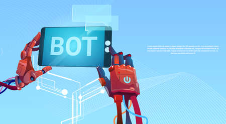 Chat Bot Hands Using Cell Smart Phone, Robot Virtual Assistance Of Website Or Mobile Applications, Artificial Intelligence Concept Flat Vector Illustrationのイラスト素材