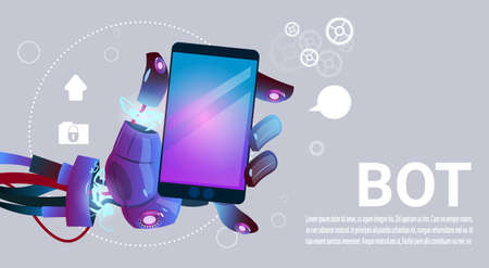 Chat Bot Hands Using Cell Smart Phone, Robot Virtual Assistance Of Website Or Mobile Applications,...