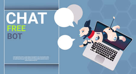 Chat Bot Free Robot Virtual Assistance Of Website Or Mobile Applications, Artificial Intelligence Concept Flat Vector Illustrationのイラスト素材