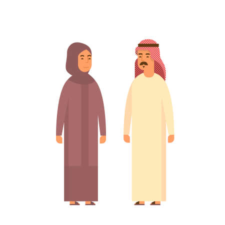Muslim Couple People Talking Business Man and Woman Traditional Clothes Arabic Flat Vector Illustrationのイラスト素材